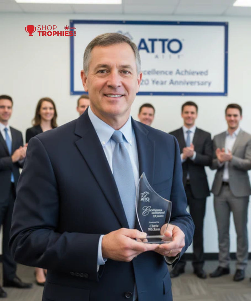 Man in a suit holding an award with 'ATTO' and 'Shop Trophies!' in the background