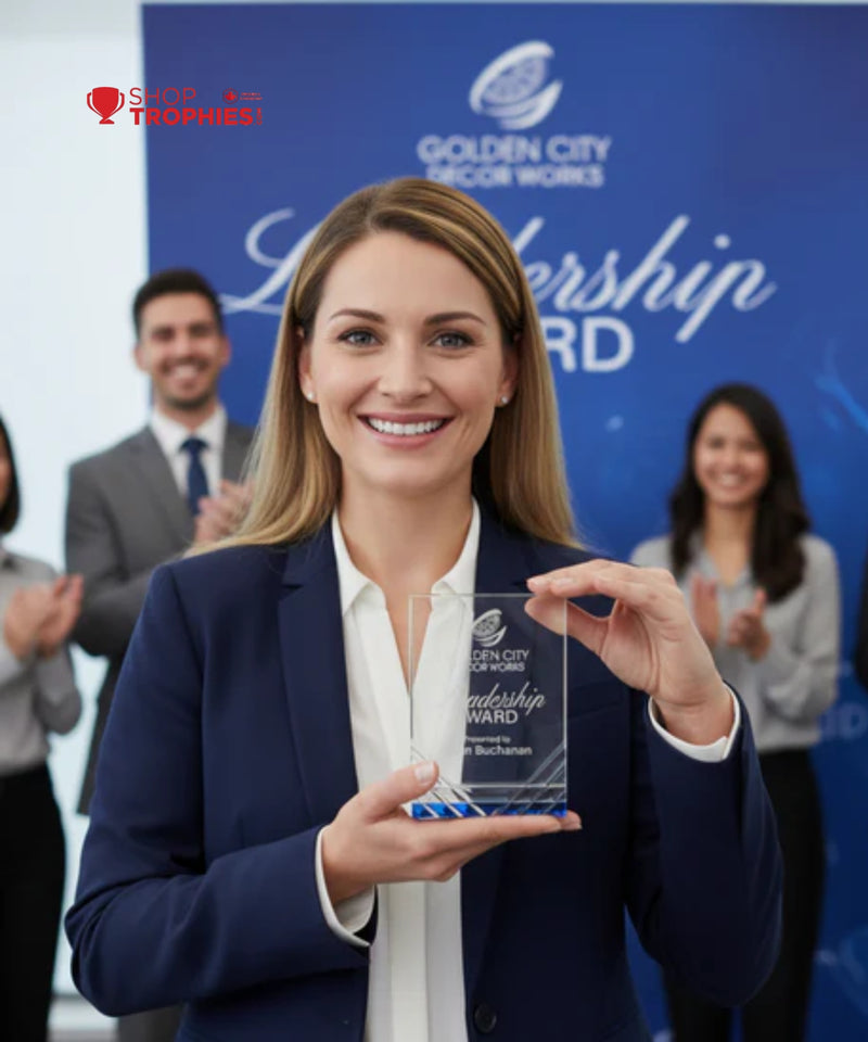 Woman holding a clear award with 'Golden City Decor Works' and 'Leadership Award' text, standing in front of a blue backdrop with people clapping.