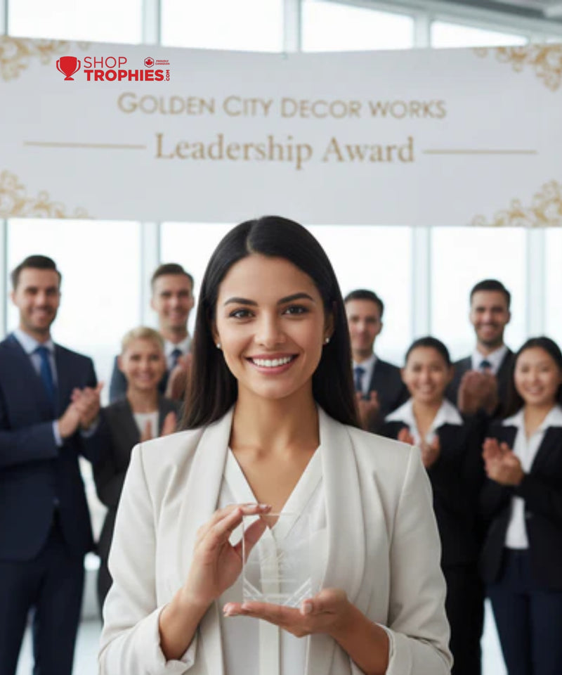 Woman receiving a leadership award with colleagues clapping in the background, featuring 'Golden City Decor Works' branding.