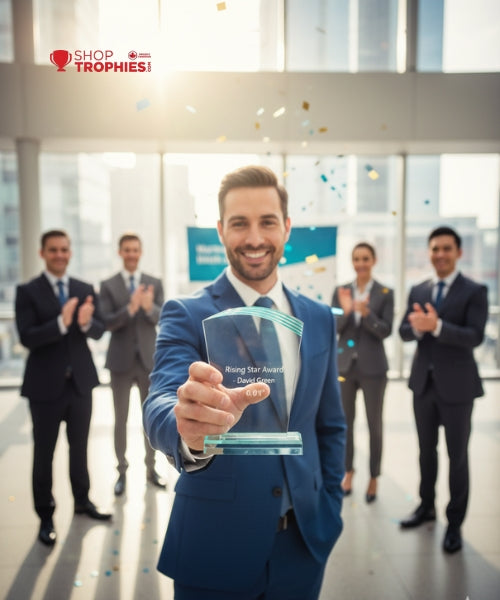 Man in a blue suit holding a trophy with colleagues clapping in the background, featuring 'Shop Trophies!' logo.