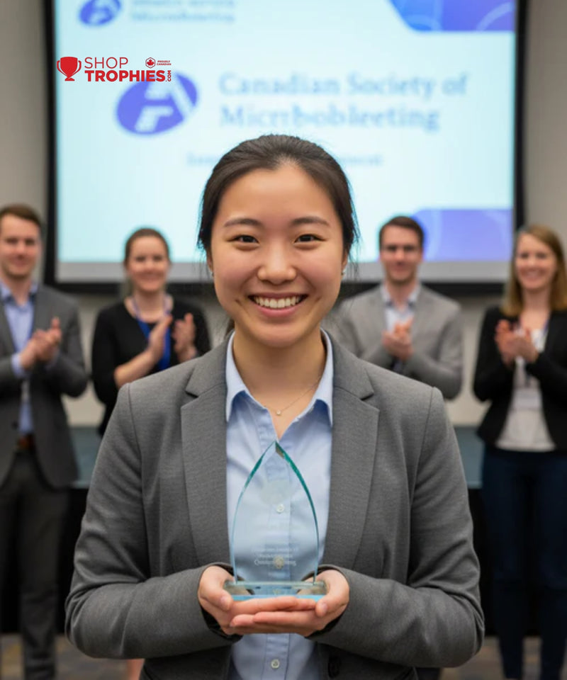 Woman holding an award in front of a group of people with a screen displaying 'Canadian Society of Microbiology' in the background.
