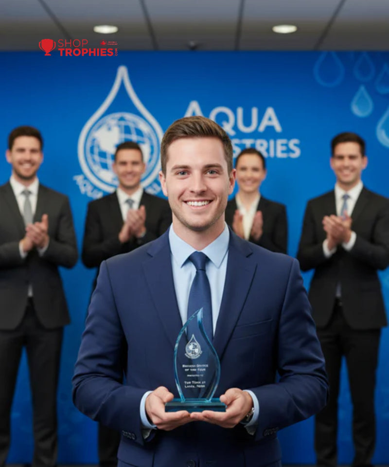Man in a suit holding an award with a blue backdrop featuring 'Aqua Industries' and clapping people.