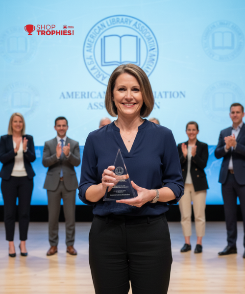 Woman holding an award with people clapping in the background, American Library Association logo visible