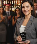 Woman holding a trophy with a blurred background of people clapping