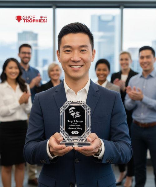 Man holding a trophy with a group of people clapping in the background, with 'Shop Trophies!' branding.