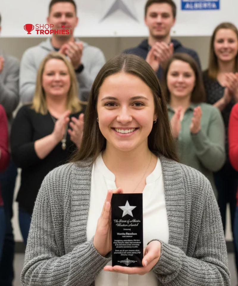 Woman holding an award in front of a group of people clapping