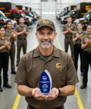 UPS employee holding an award with colleagues in the background