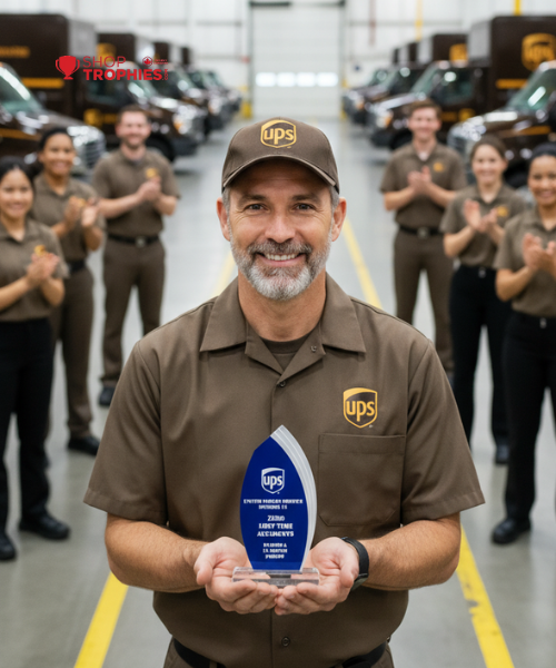 UPS employee holding an award with colleagues in the background