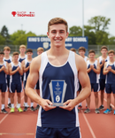 Athlete holding a trophy with a team in the background on a track field