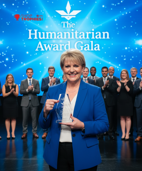 Woman holding an award with a backdrop of people clapping at a Humanitarian Award Gala event.