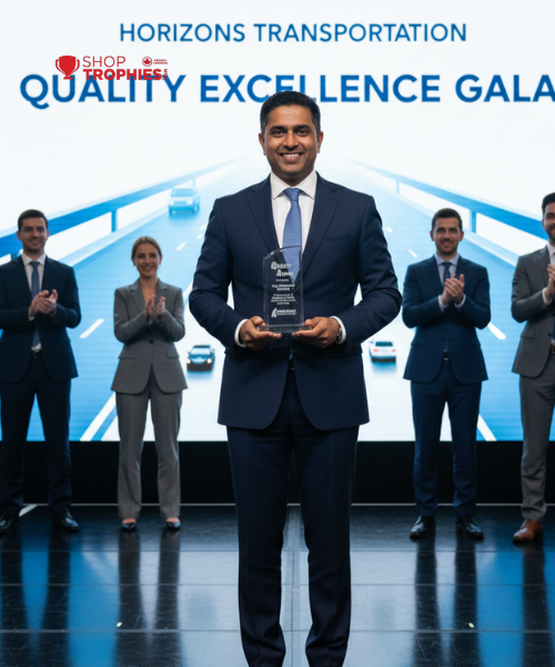 Man in a suit holding an award on a stage with 'Horizons Transportation' and 'Shop Provinces' branding.