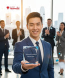 Man in a blue suit holding an award with a cityscape in the background
