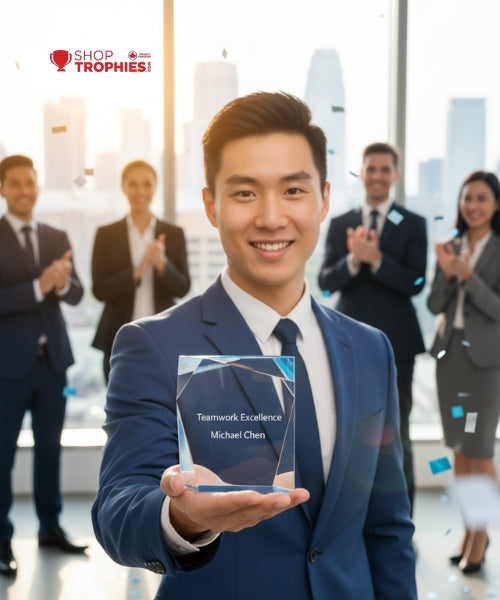 Man in a blue suit holding an award with a cityscape in the background