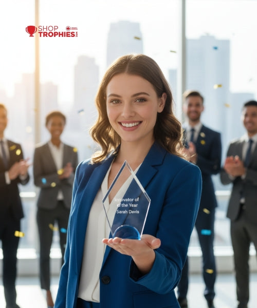 Clear Acrylic Prism Arrowhead Blue Base Award