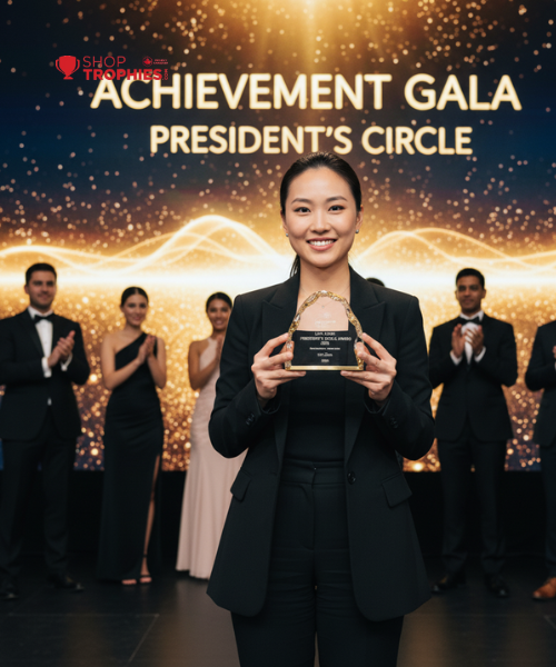 Woman holding an award at a 'President's Circle Achievement Gala' event.