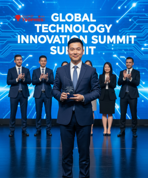Man in a suit holding an award on stage with a blue backdrop and 'Global Technology Innovation Summit' text.