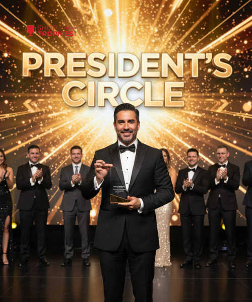Man in a tuxedo holding an award with 'President's Circle' text and trophy logo in the background.