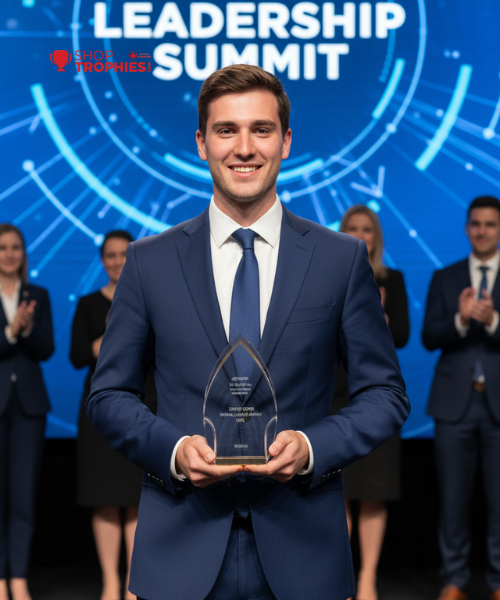 Man in a blue suit holding an award at a Leadership Summit event.