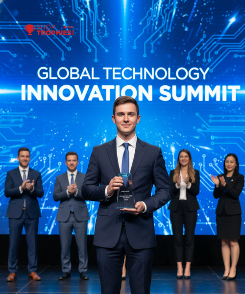 Man holding an award on stage at the Global Technology Innovation Summit with a blue circuit board background.