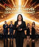 Woman holding an award on a stage with 'Global Golden Achiever Leadership Summit' text and people clapping in the background.