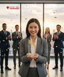 Woman holding an award with colleagues clapping in the background, featuring 'Shop Trophies' logo.