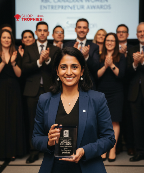 Woman holding an award in front of a group of people clapping, with a backdrop of other people.