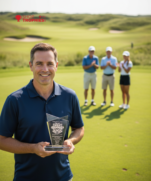 Man holding a trophy on a golf course with three other people clapping in the background.