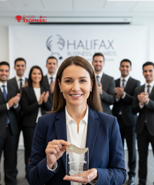 Woman holding a trophy in front of a group of people with 'Halifax' in the background