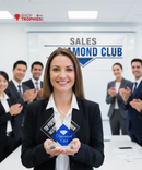 Woman holding a trophy in front of a group of people with 'Sales Diamond Club' sign in the background