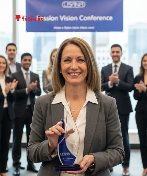 Woman holding a trophy with a group of people clapping in the background at a conference.