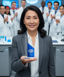 Woman holding a Pfizer award in a laboratory setting with colleagues in the background