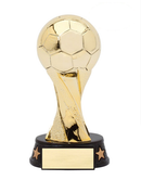 Gold soccer trophy with a black base on a white background
