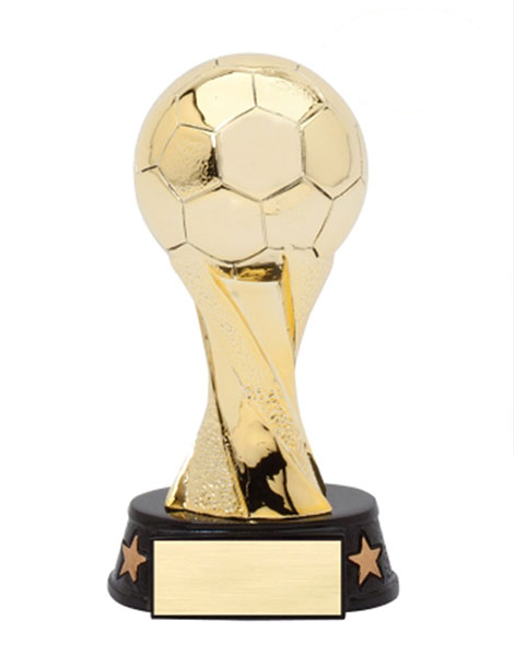 Gold soccer trophy with a black base on a white background
