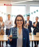 Woman holding an award in a celebratory office setting with colleagues clapping.