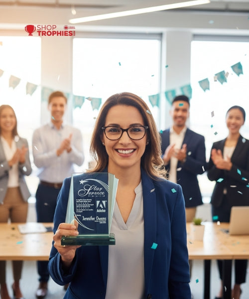 Woman holding an award in a celebratory office setting with colleagues clapping.