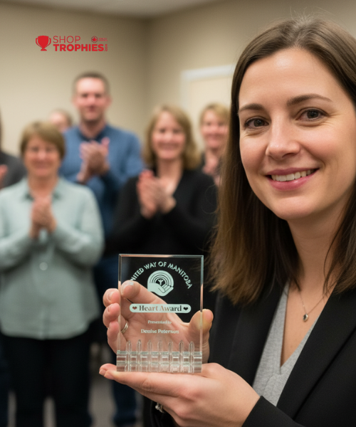 Woman holding an award with people clapping in the background, featuring Shop Trophies logo.