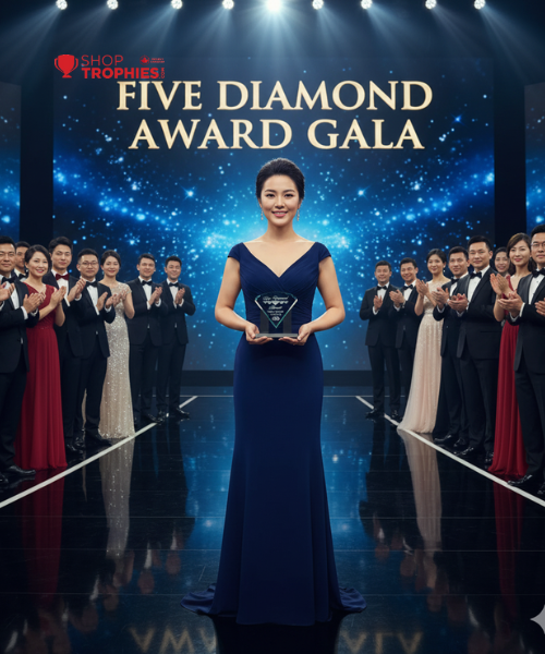 Woman in a blue dress holding an award on a stage with 'Five Diamond Award Gala' backdrop.