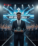 Man in a suit holding an award on a stage with 'MVP Awards Gala' backdrop