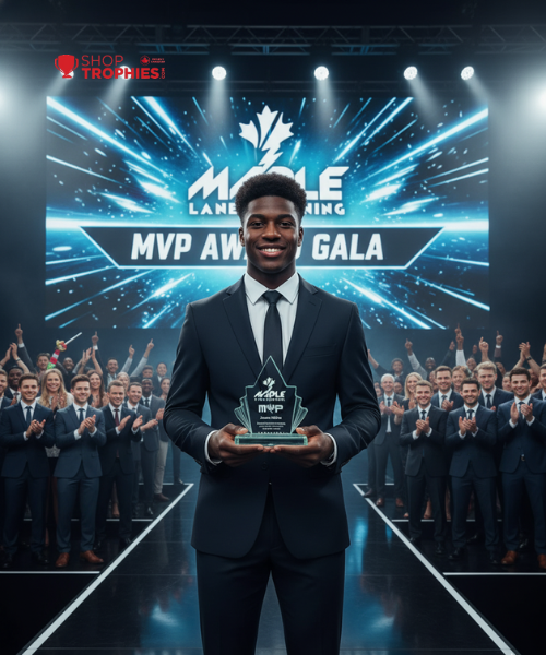 Man in a suit holding an award on a stage with 'MVP Awards Gala' backdrop