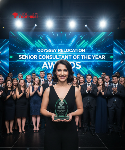 Woman holding an award on a stage with 'Odyssey Relocation' and 'Senior Consultant of the Year Awards' text.
