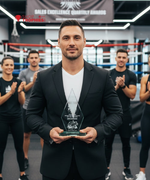 Man holding an award in a boxing ring with people clapping in the background