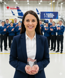 Woman holding an award in front of a group of people in a warehouse setting.