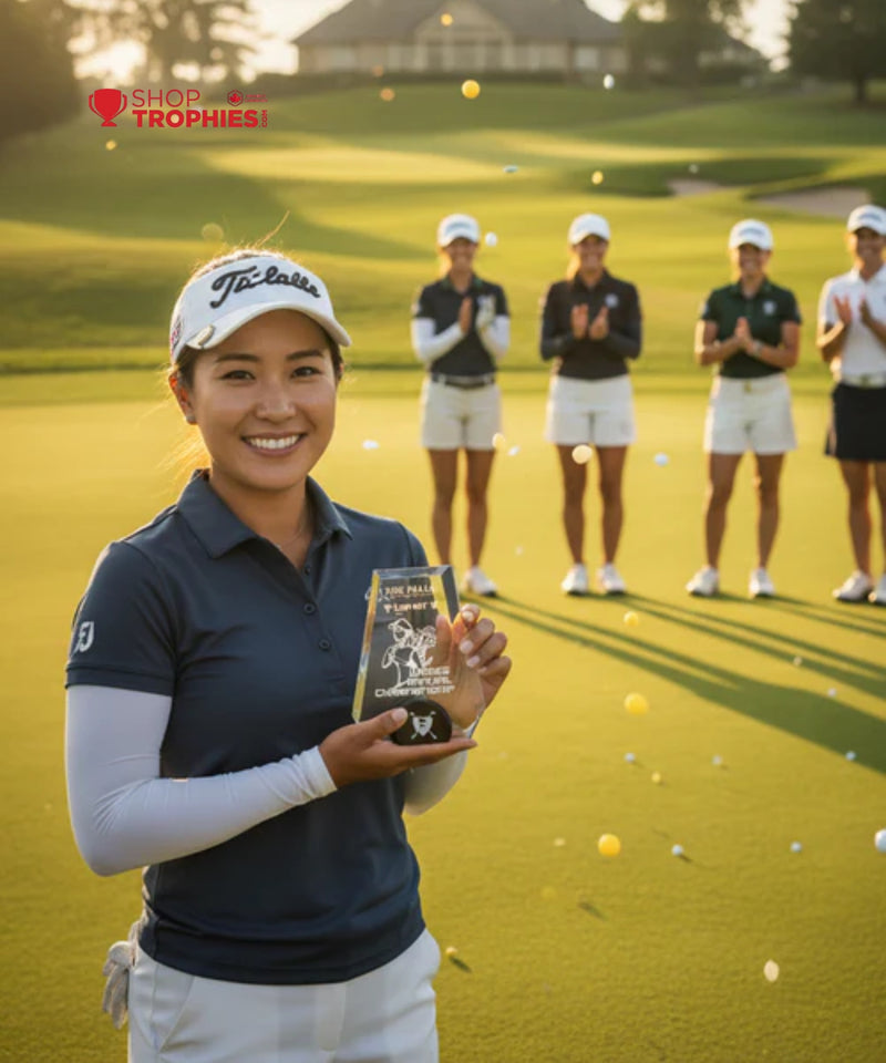 Golf player holding a trophy on a golf course with other players in the background.