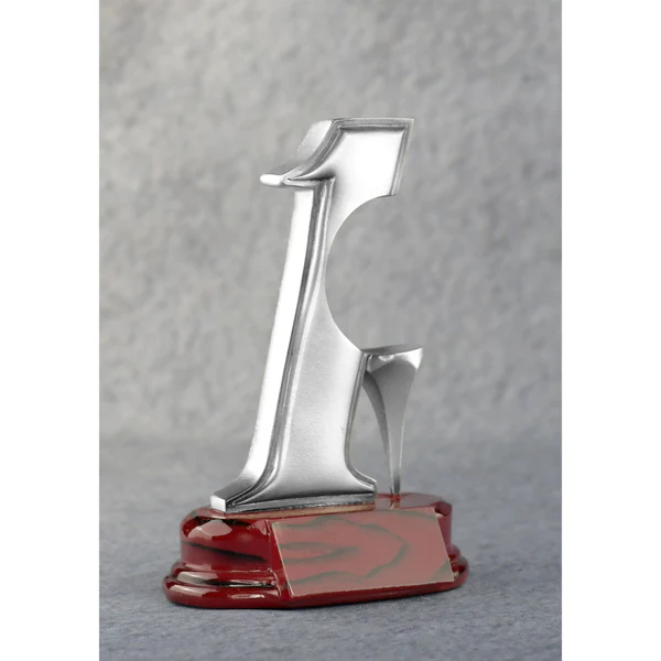 Metallic number '1' golf trophy award on a gray background