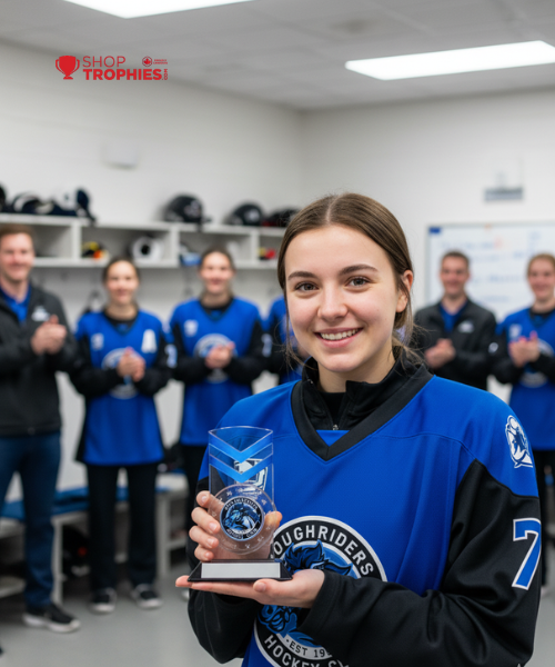 Person in hockey jersey holding a trophy in a locker room with teammates in the background.
