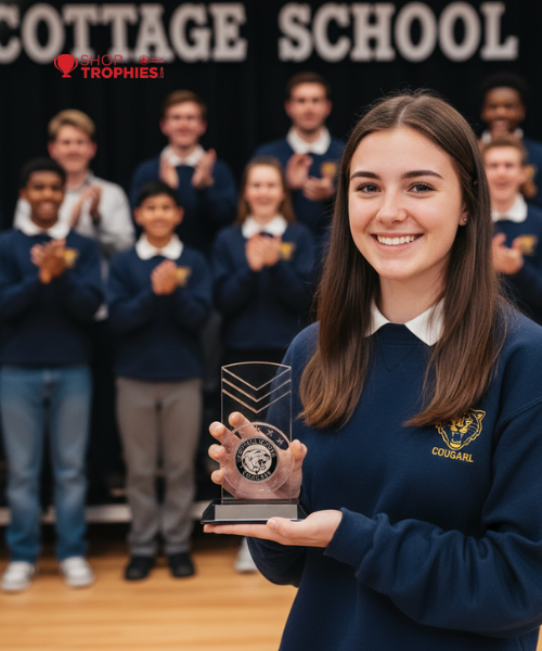 Girl in school uniform holding a trophy with classmates clapping in the background, featuring 'Cottage School' and 'School Trophies!' text.