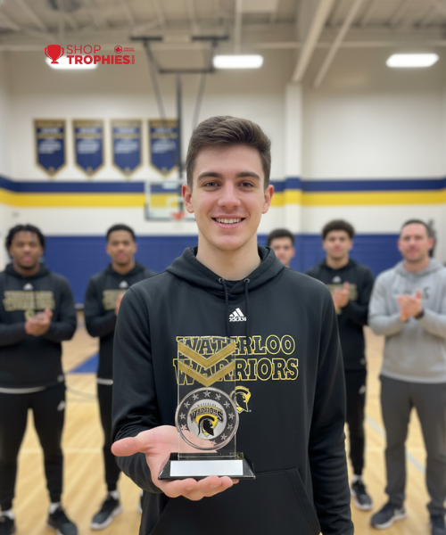 Person holding a trophy in a gymnasium with teammates in the background