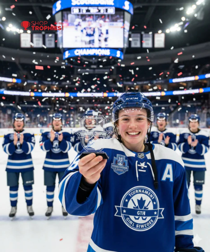 Hockey player holding a trophy with teammates in the background on an ice rink.