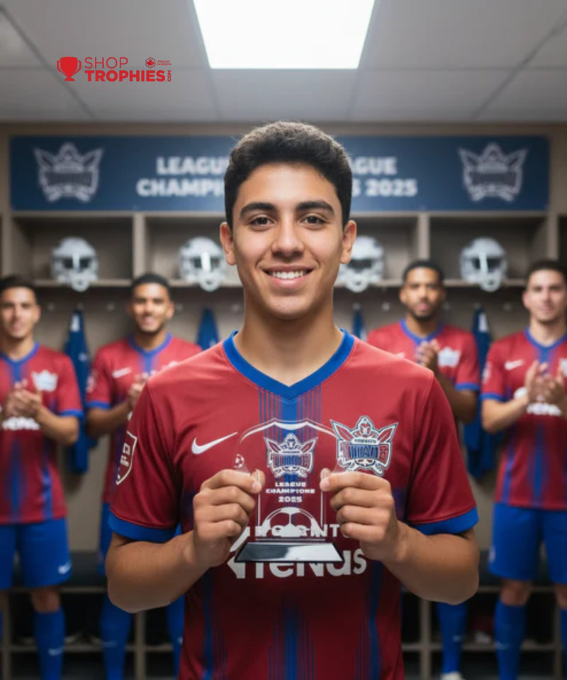 Young man holding a trophy in a locker room with teammates in the background