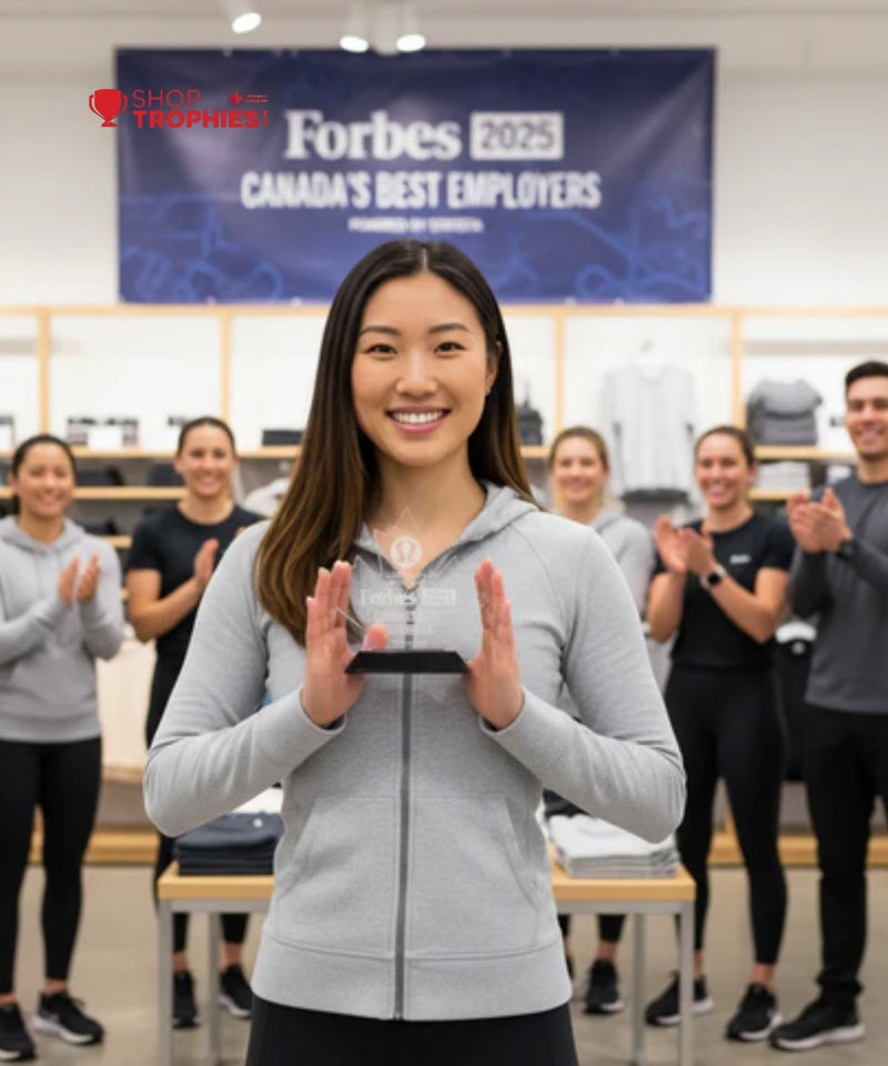 Woman holding a trophy with clapping colleagues in the background, featuring Forbes Canada's Best Employers banner.